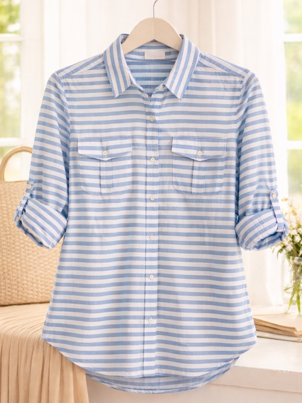 New York & Company Blue Stripe Button Down Shirt | Lightweight Cotton Top